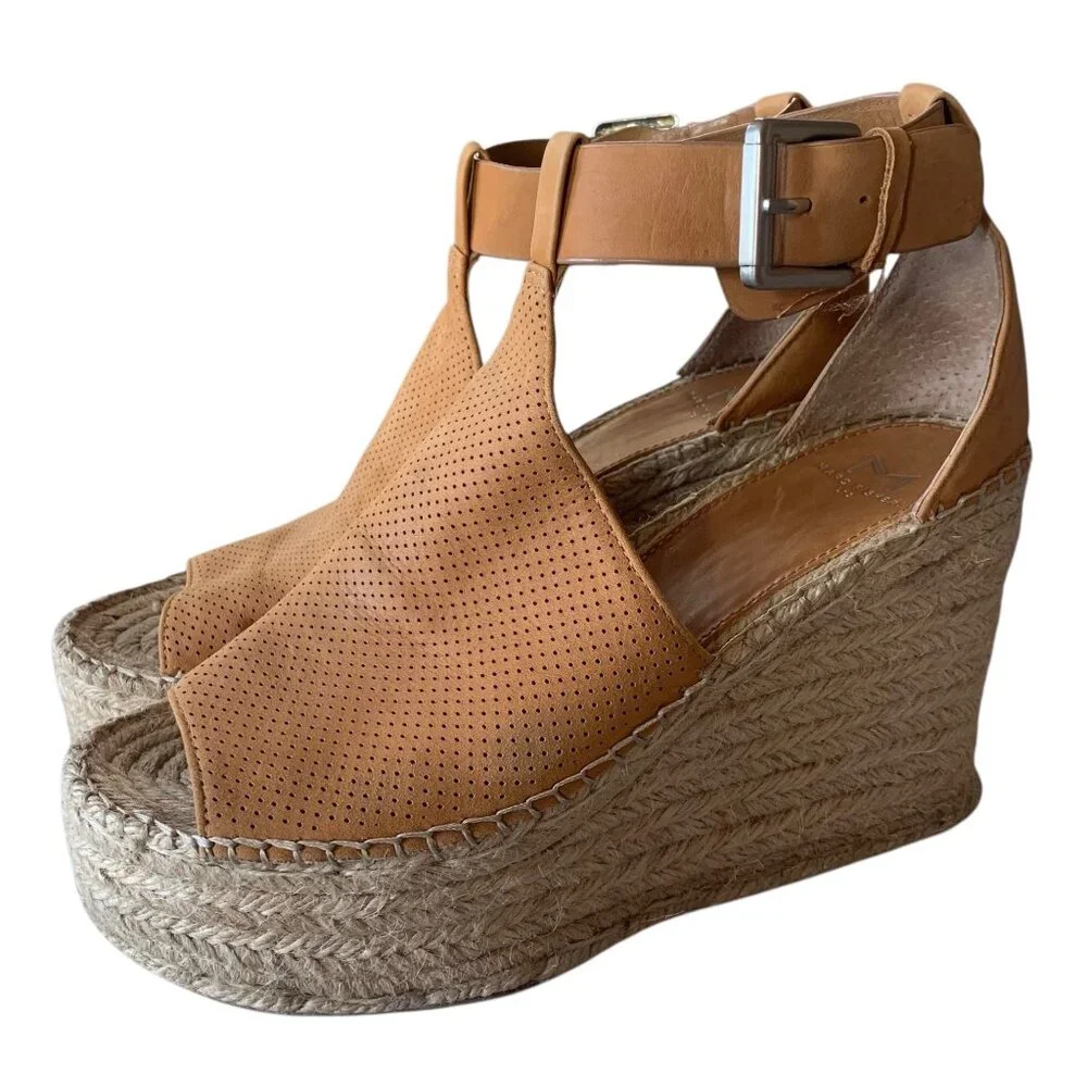 MARC FISHER Tan Leather Annie Perforated Espadrille Platform Wedge Sandals 8